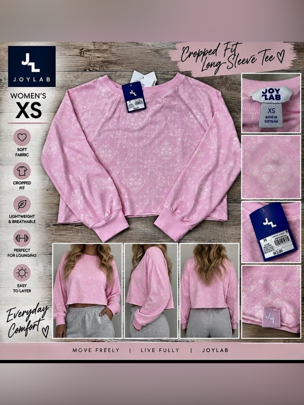 JoyLab Pink Cropped Long-Sleeve Tee – Women’s XS – NWT